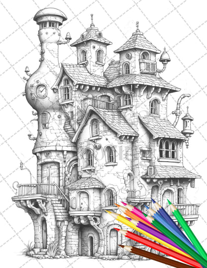 50 Steampunk Houses Grayscale Coloring Pages Printable for Adults, PDF File Instant Download