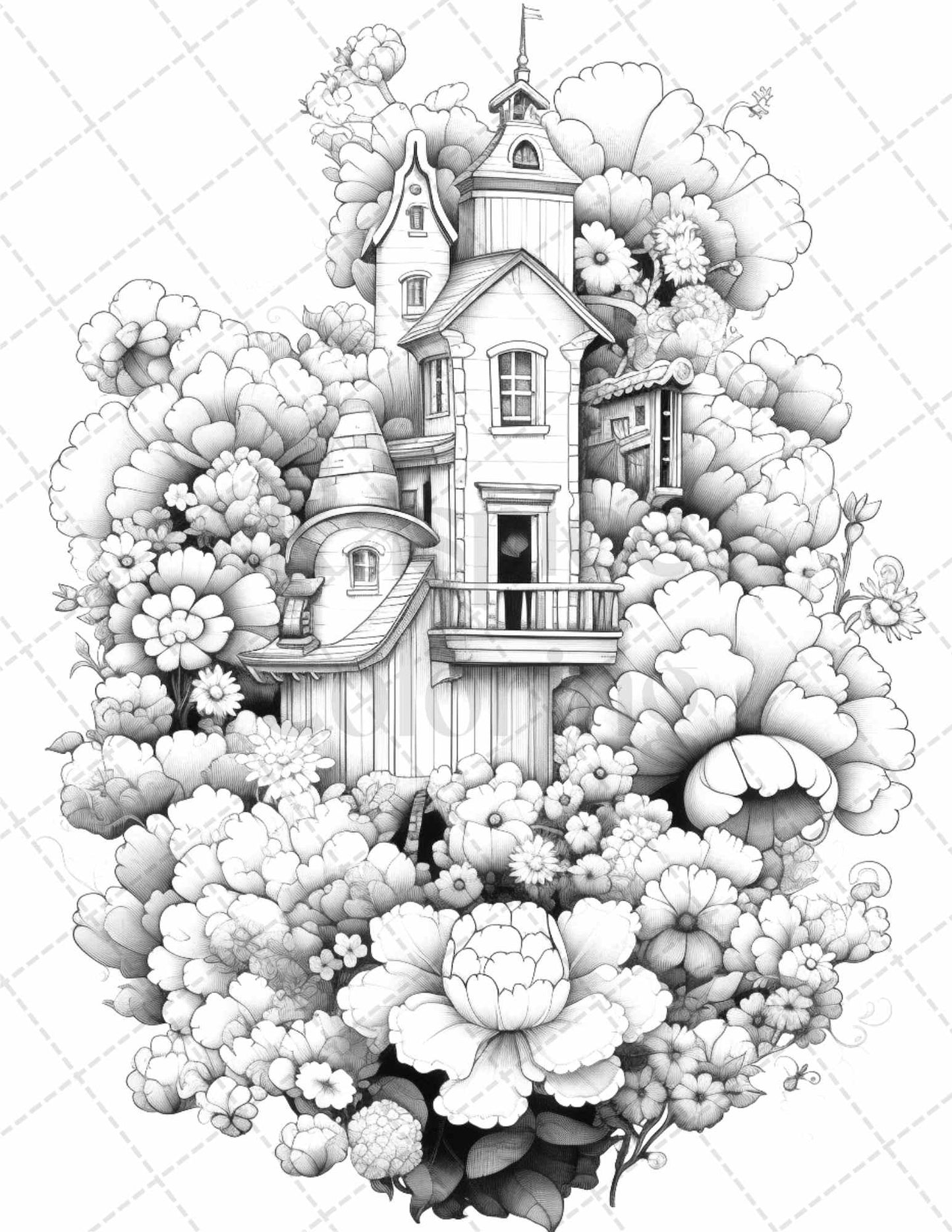 60 Flower Houses Grayscale Coloring Pages Printable for Adults, PDF File Instant Download