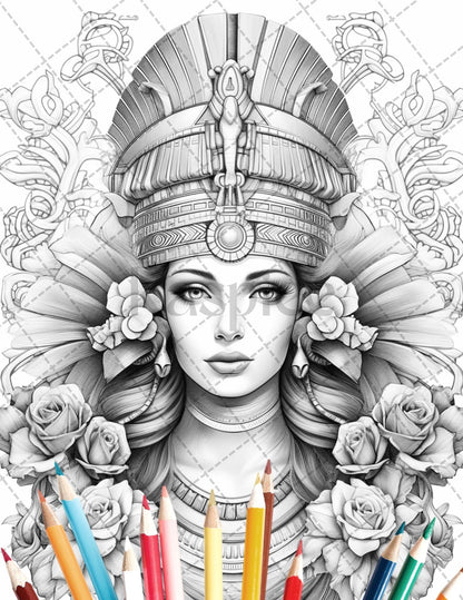 35 Ancient Egyptian Queens Coloring Book Printable for Adults, Grayscale Coloring Page, PDF File Instant Download