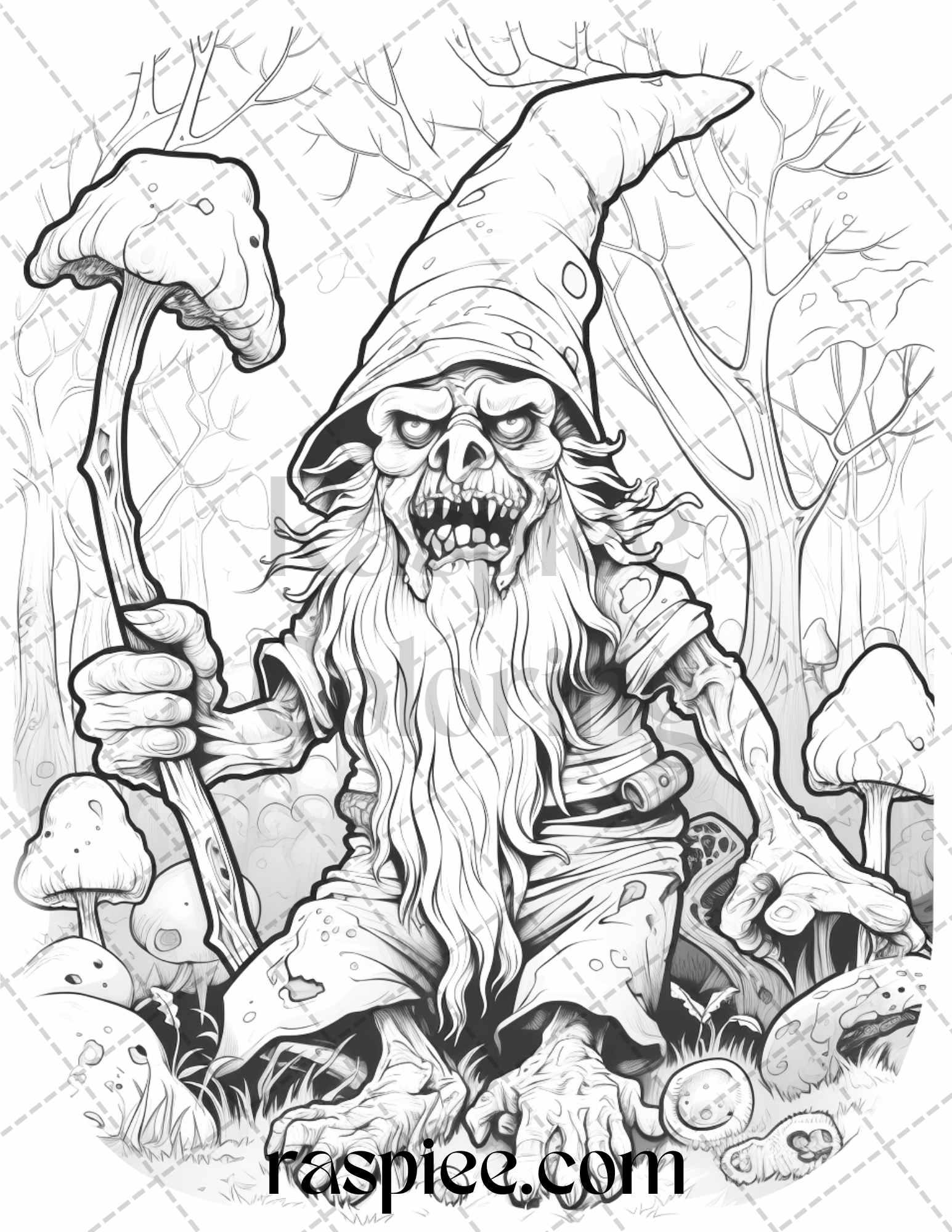 50 Horror Zombie Gnomes Grayscale Coloring Pages Printable for Adults, PDF File Instant Download