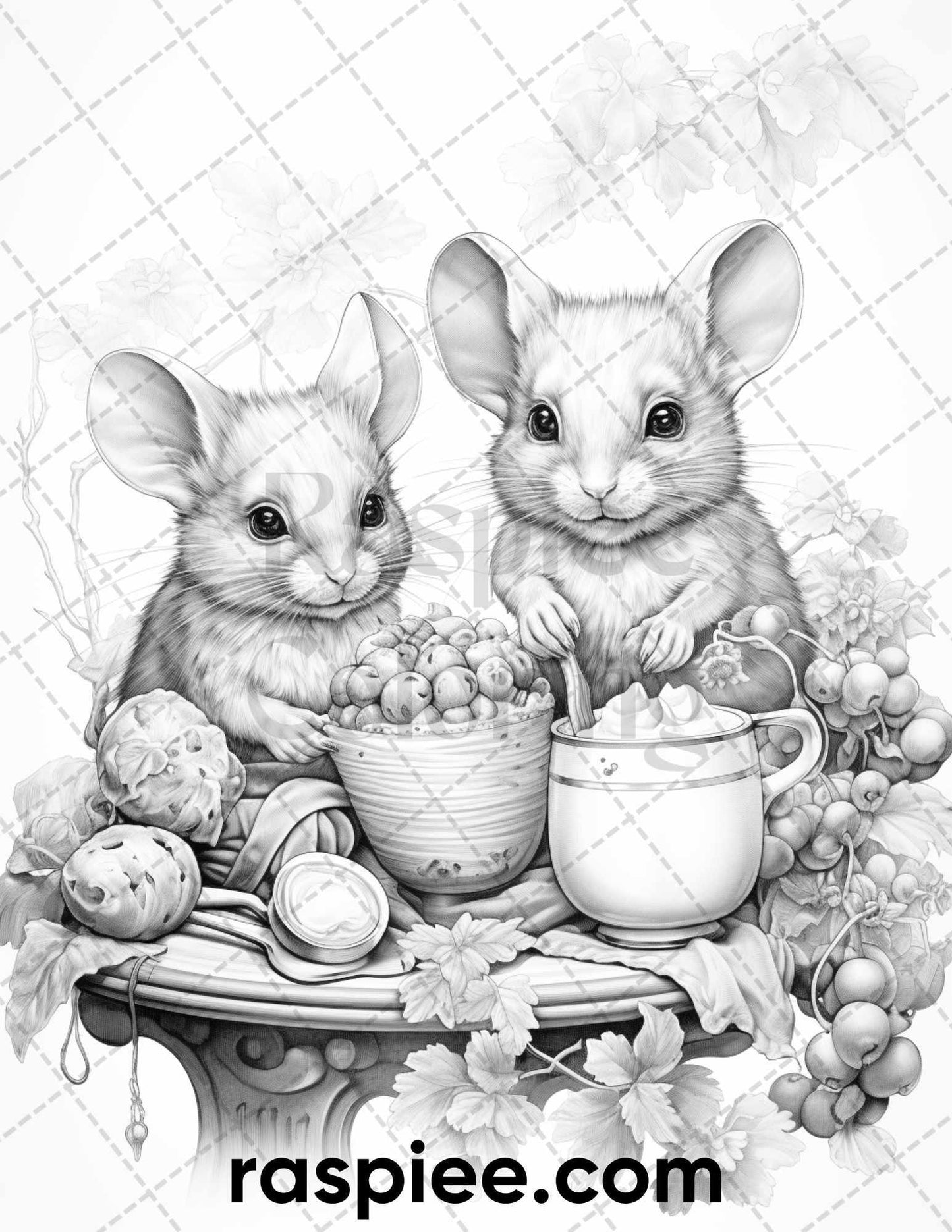 50 Enchanting Fairytale Mice Grayscale Coloring Pages Printable for Adults, PDF File Instant Download