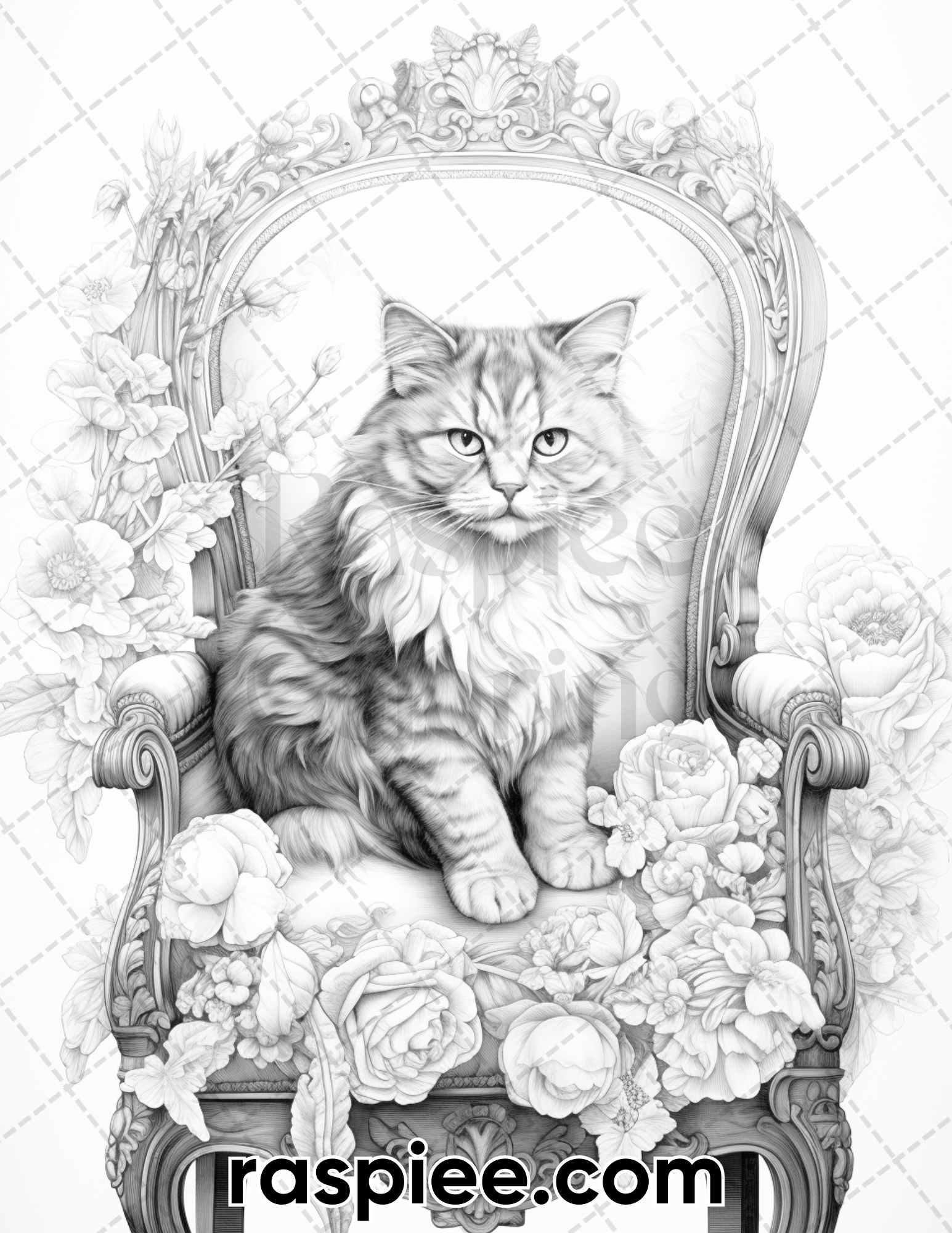 50 Royal King Cat Grayscale Coloring Pages for Adults, Printable PDF Instant Download