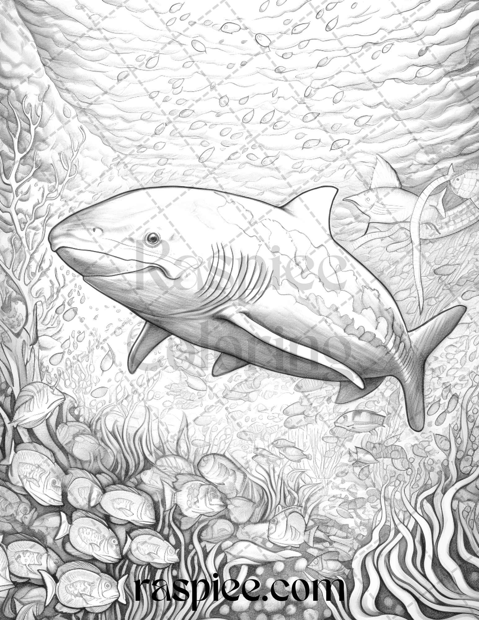 Ocean Life Grayscale Coloring Pages Printable for Adults Relaxation and Creativity, PDF File Instant Download