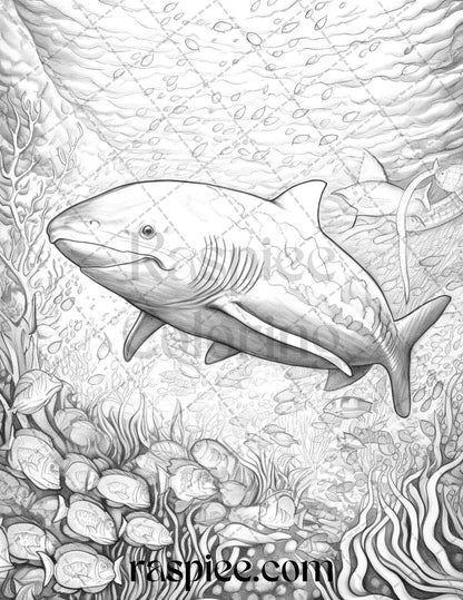 Ocean Life Grayscale Coloring Pages Printable for Adults Relaxation and Creativity, PDF File Instant Download