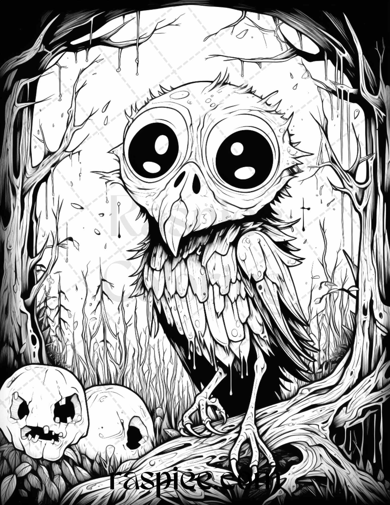 50 Halloween Scary Animals Grayscale Coloring Pages Printable for Adults, PDF File Instant Download