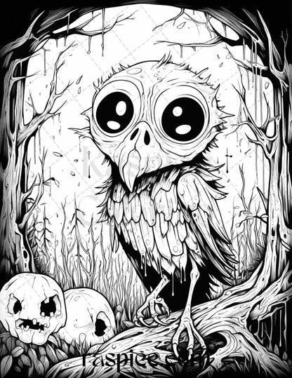 50 Halloween Scary Animals Grayscale Coloring Pages Printable for Adults, PDF File Instant Download