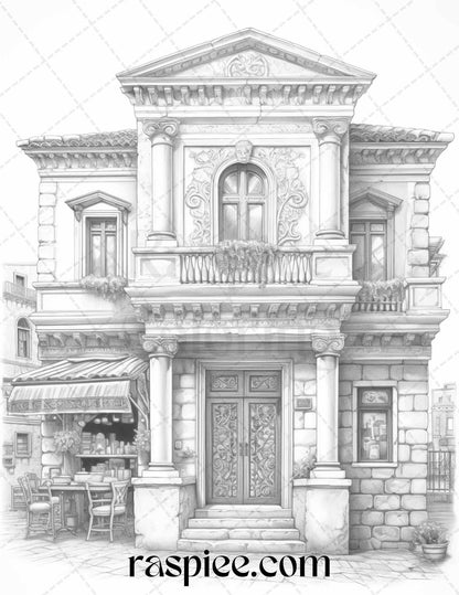 Roman Architecture Grayscale Coloring Pages Printable for Adults, PDF File Instant Download