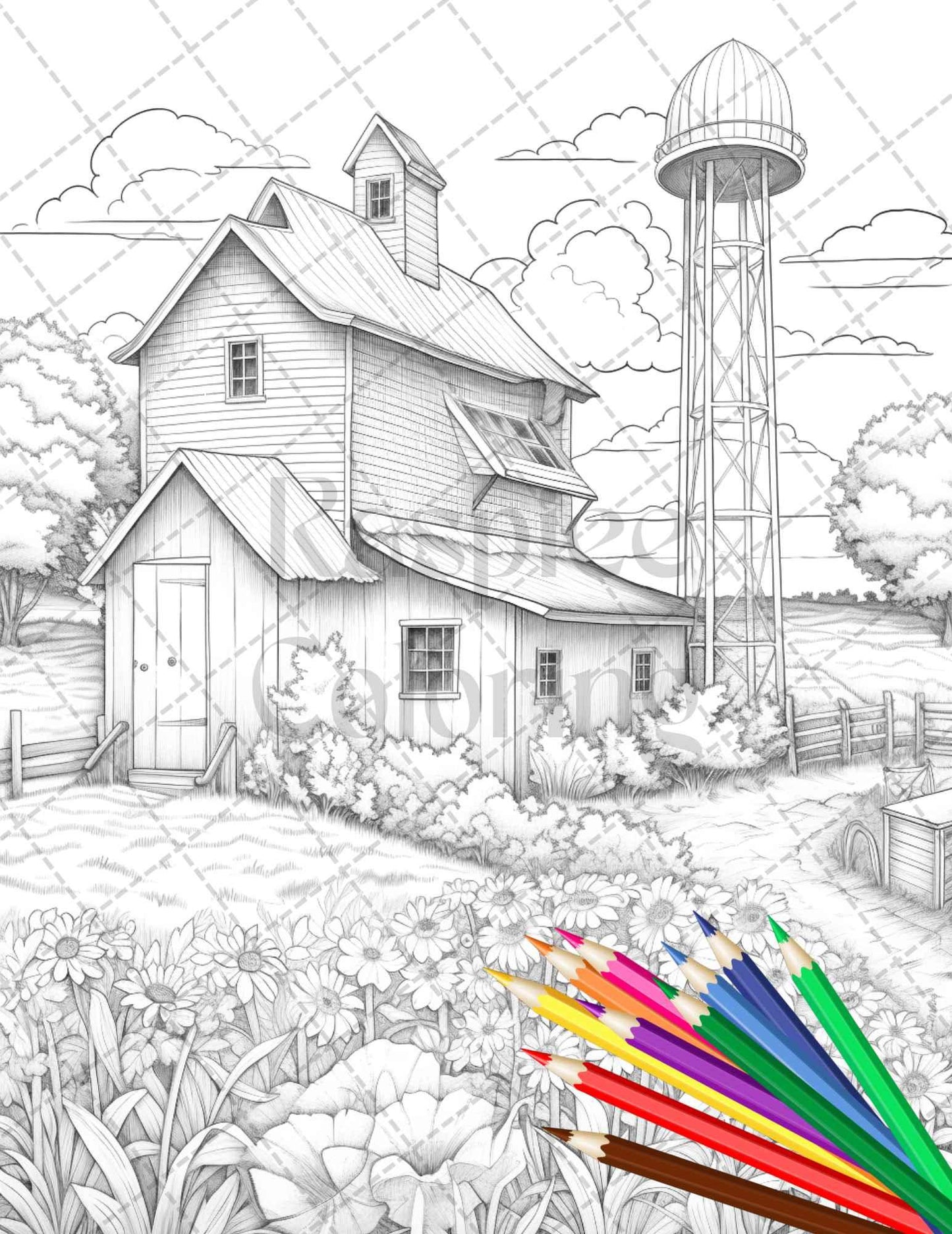 Charming Farmhouse Scenery Grayscale Coloring Pages Printable for Adults, PDF File Instant Download