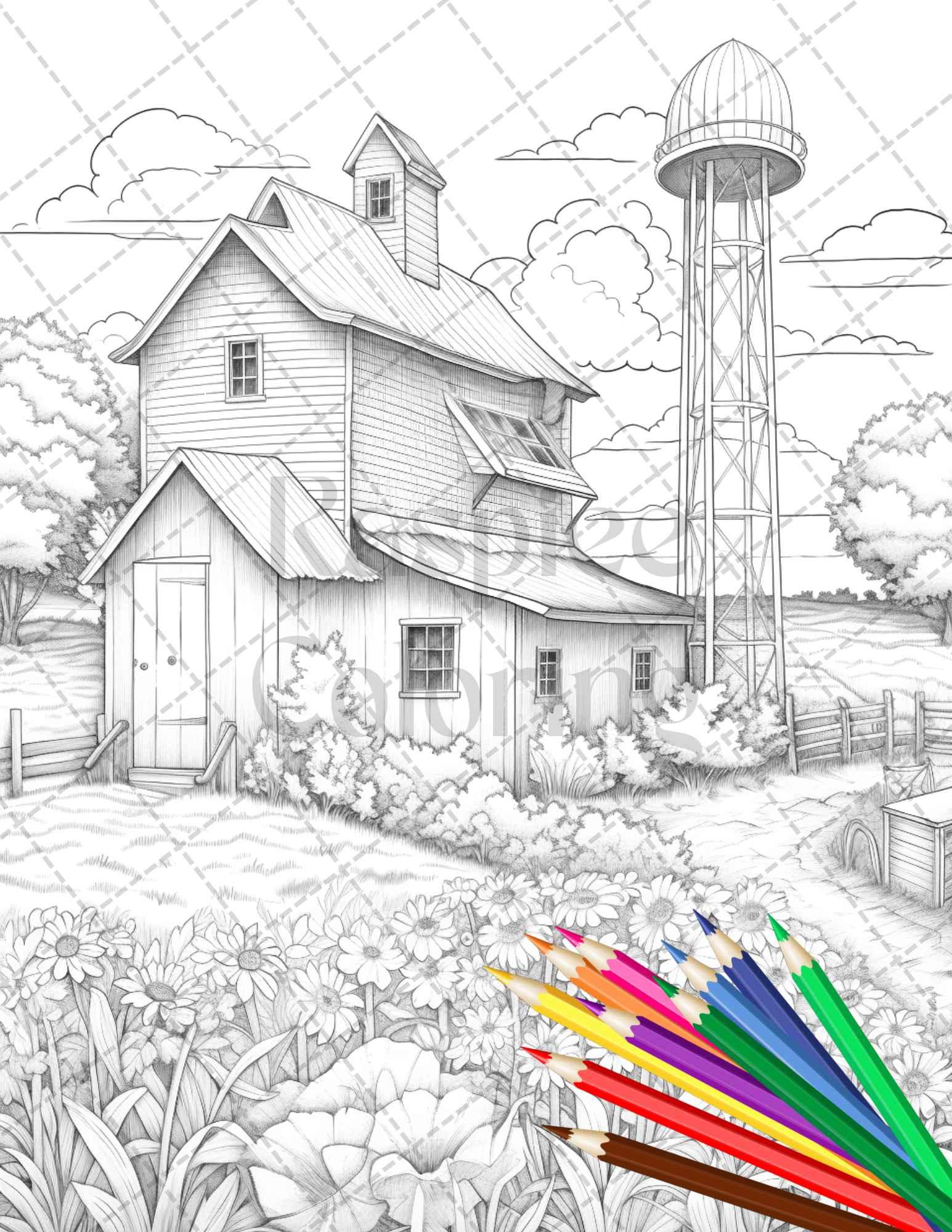 Charming Farmhouse Scenery Grayscale Coloring Pages Printable for Adults, PDF File Instant Download