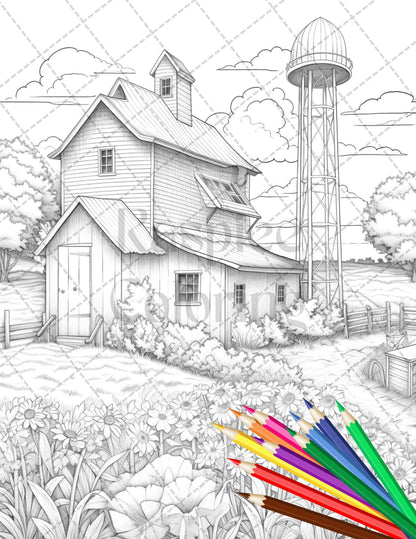 Charming Farmhouse Scenery Grayscale Coloring Pages Printable for Adults, PDF File Instant Download