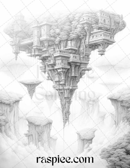 Mystical World Grayscale Coloring Pages Printable for Adults, Enchanting Fantasy Designs, PDF File Instant Download