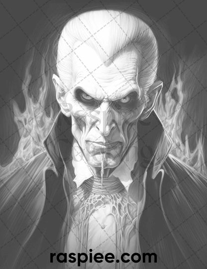 50 Count Dracula Grayscale Coloring Pages Printable for Adults, PDF File Instant Download