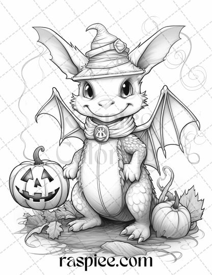 50 Cute Pumpkin Dragons Graycale Coloring Pages for Adults and Kids, Printable PDF File Instant Download