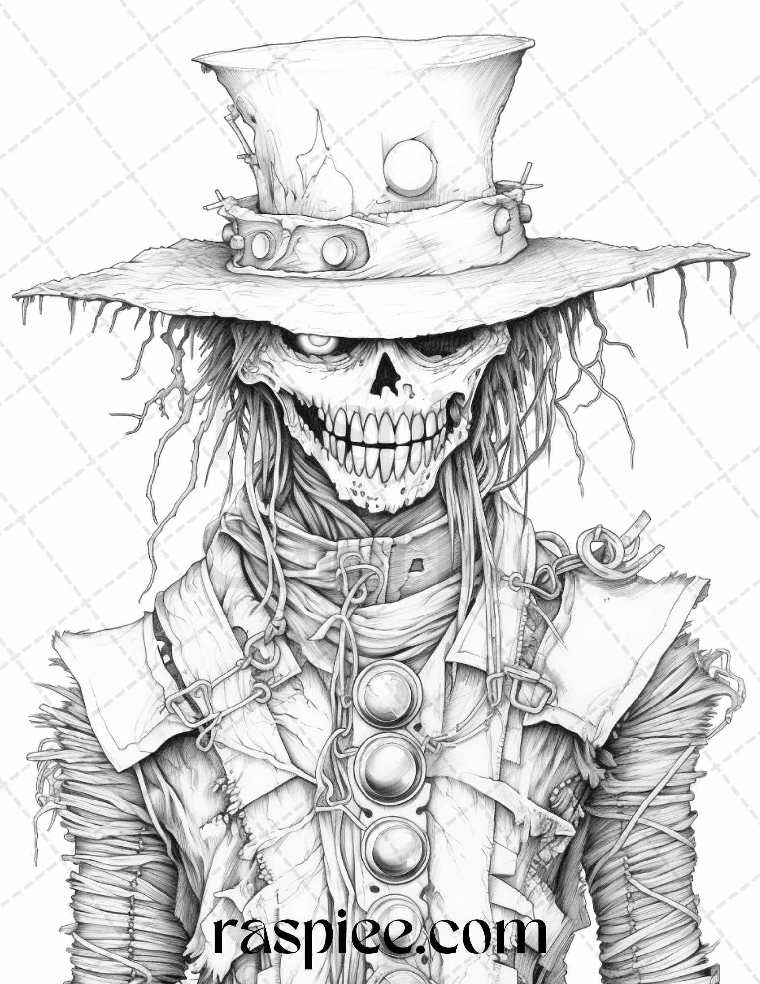 53 Scary Steampunk Scarecrows Grayscale Coloring Pages Printable for Adults, PDF File Instant Download