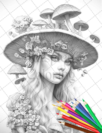 50 Mushroom Fairy Grayscale Coloring Pages Printable for Adults, PDF File Instant Download