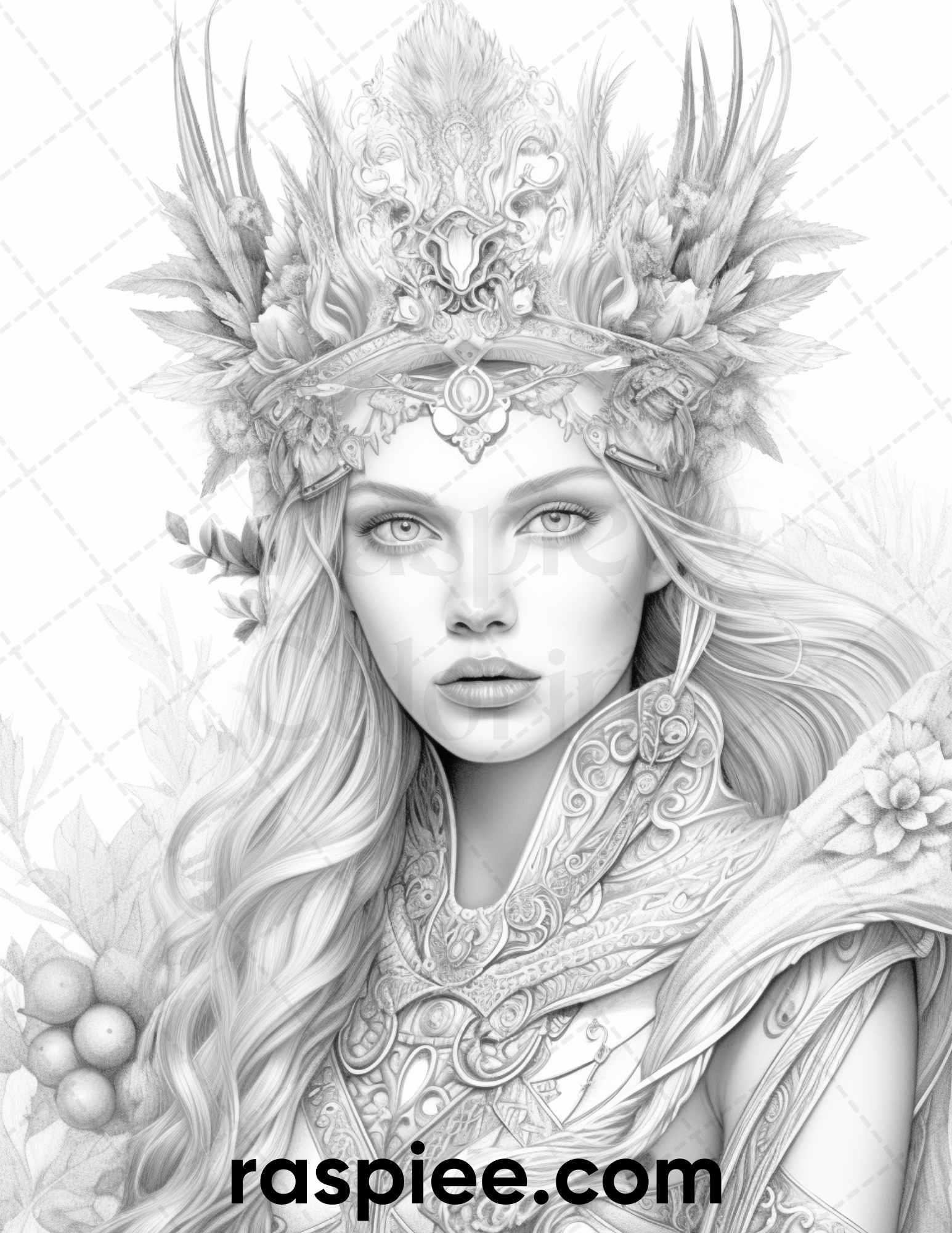 50 Winter Queens Portrait Grayscale Coloring Pages Printable for Adults, PDF File Instant Download