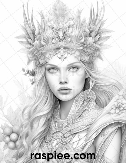 50 Winter Queens Portrait Grayscale Coloring Pages Printable for Adults, PDF File Instant Download