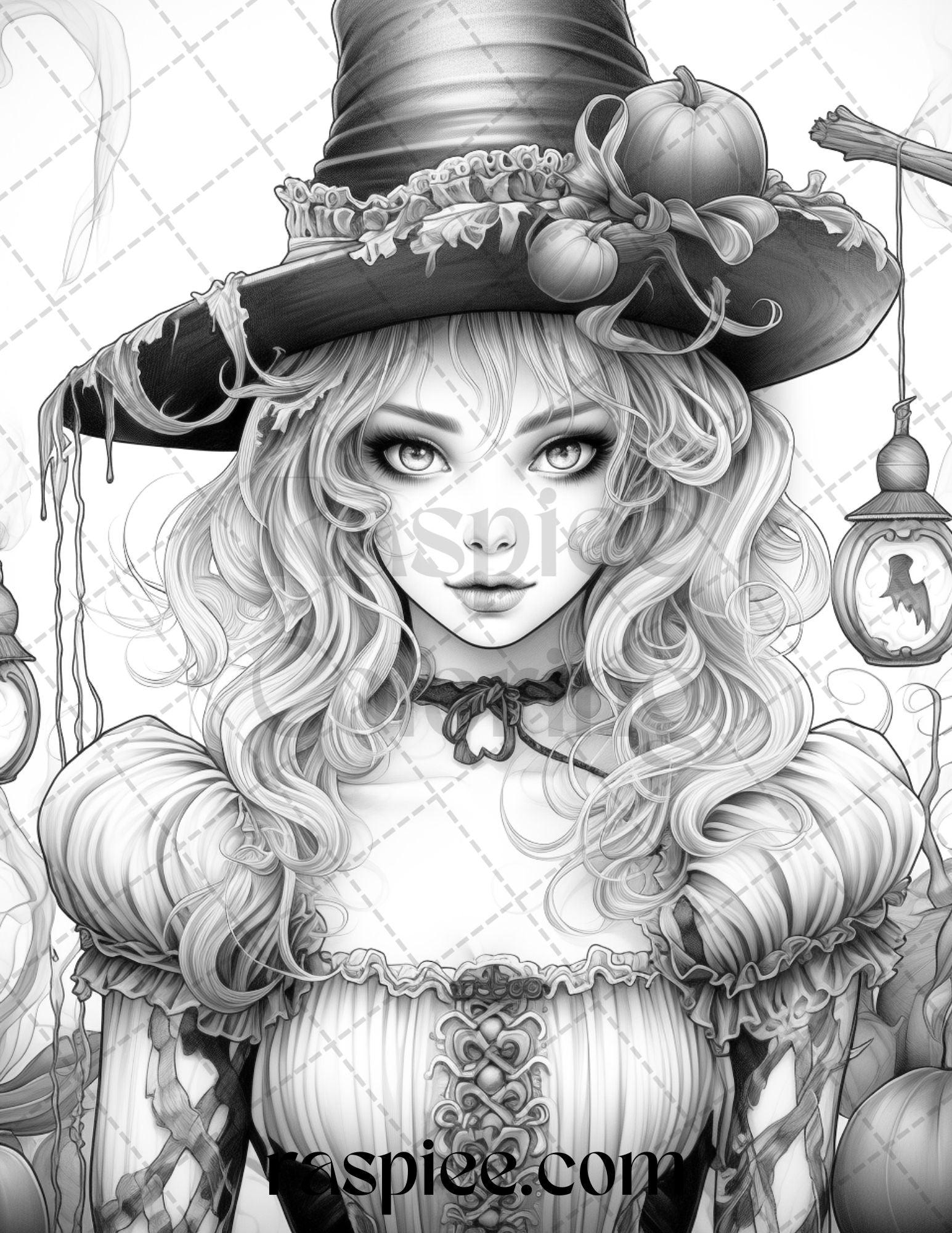 55 Halloween Girls Grayscale Coloring Pages Printable for Adults, PDF File Instant Download