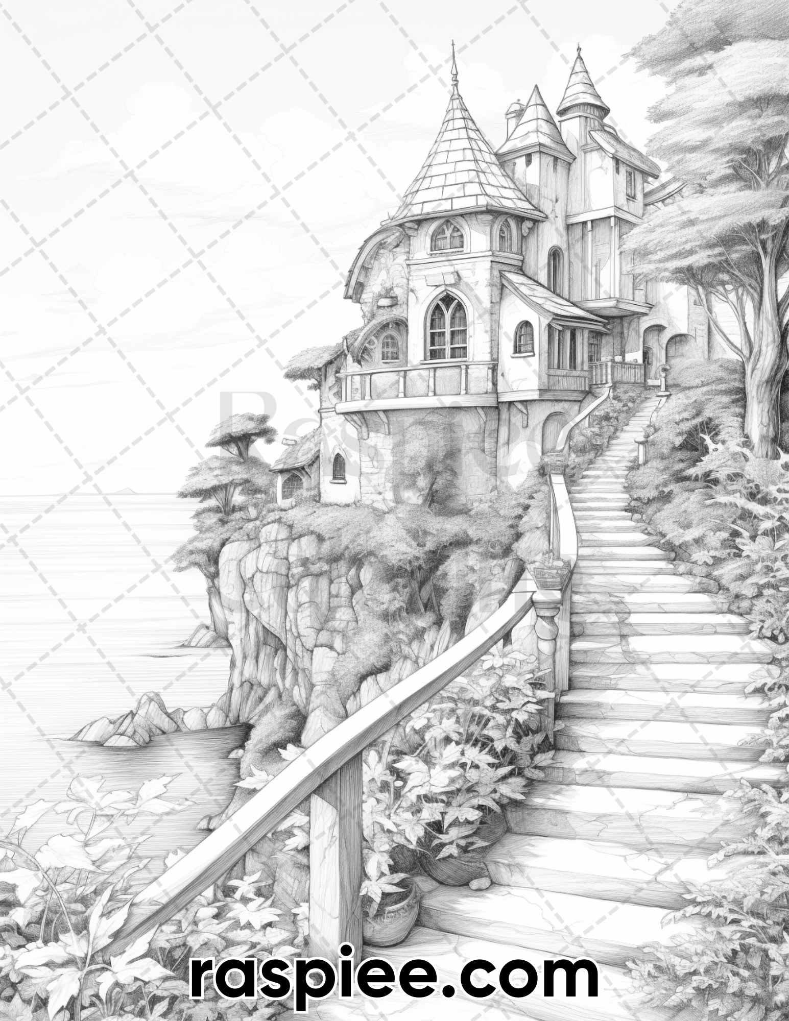 50 Fairy Beach Houses Grayscale Coloring Pages for Adults, Printable PDF Instant Download