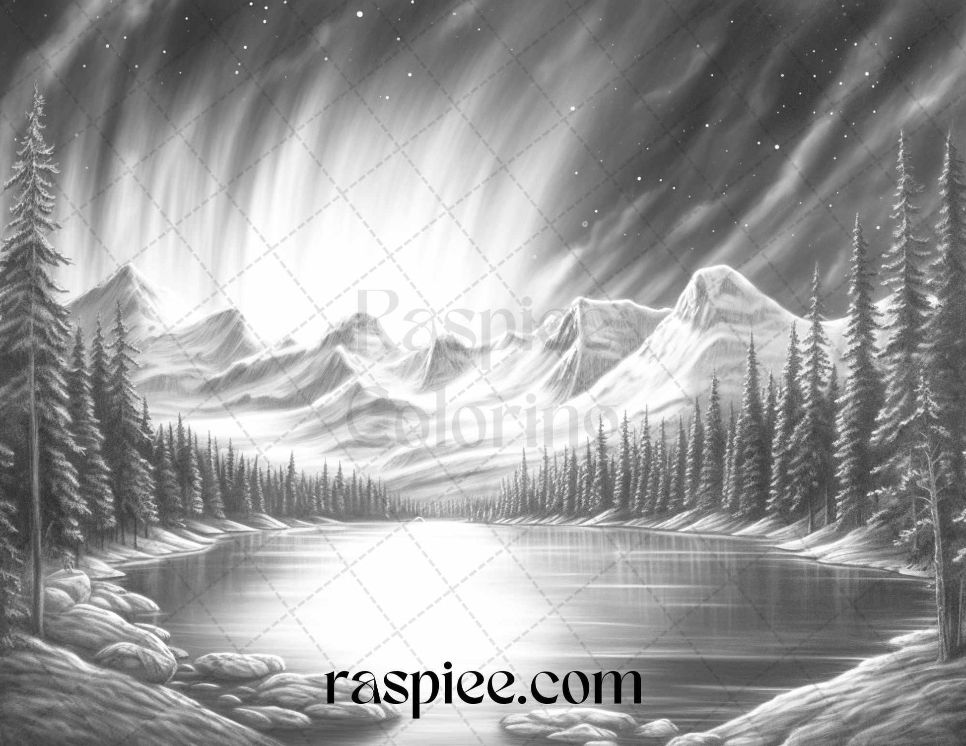 Aurora Borealis Landscape Grayscale Coloring Pages for Adults, Printable PDF File Instant Download