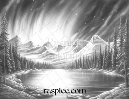 Aurora Borealis Landscape Grayscale Coloring Pages for Adults, Printable PDF File Instant Download
