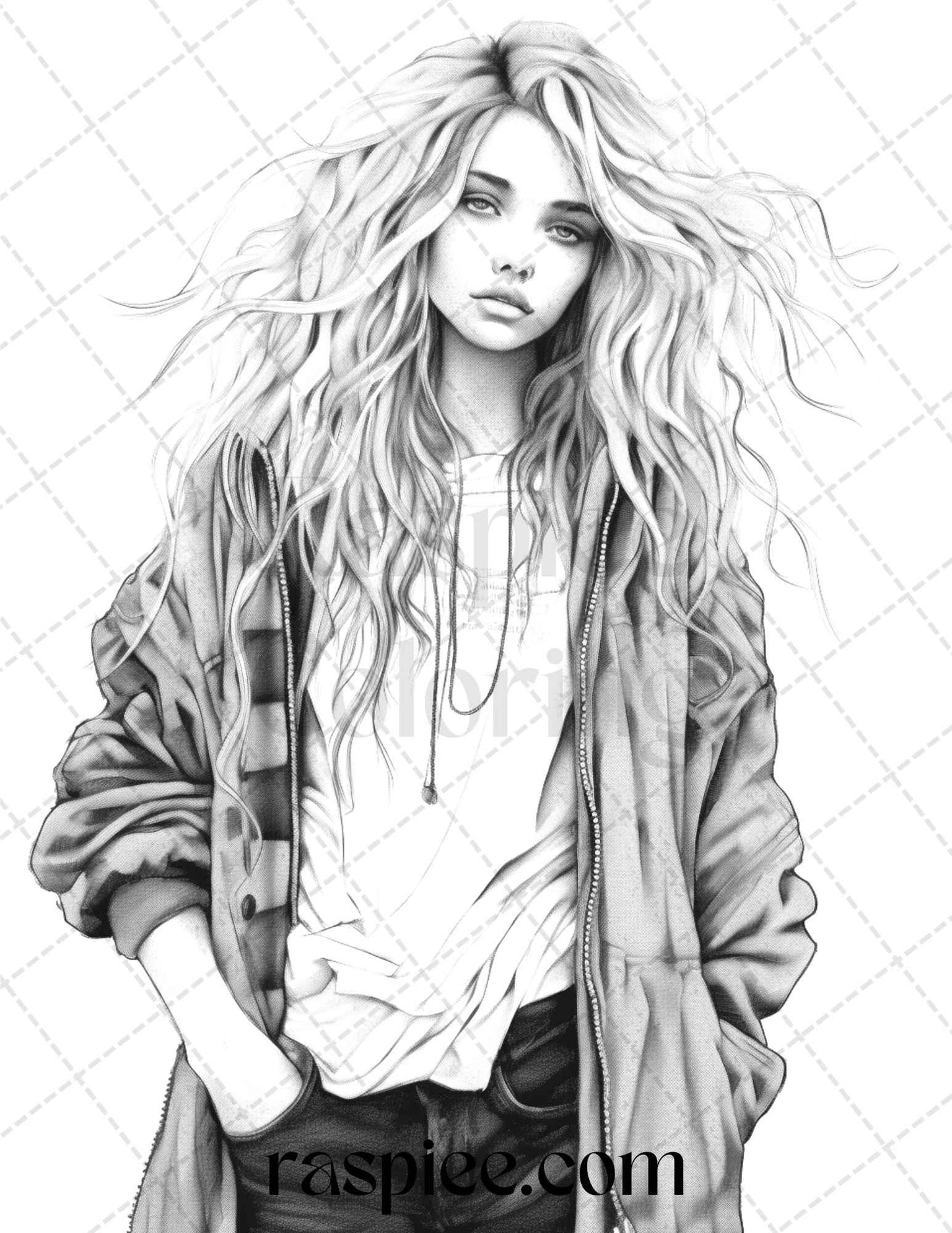 50 Streetwear Fashion Grayscale Coloring Pages Printable for Adults, PDF File Instant Download