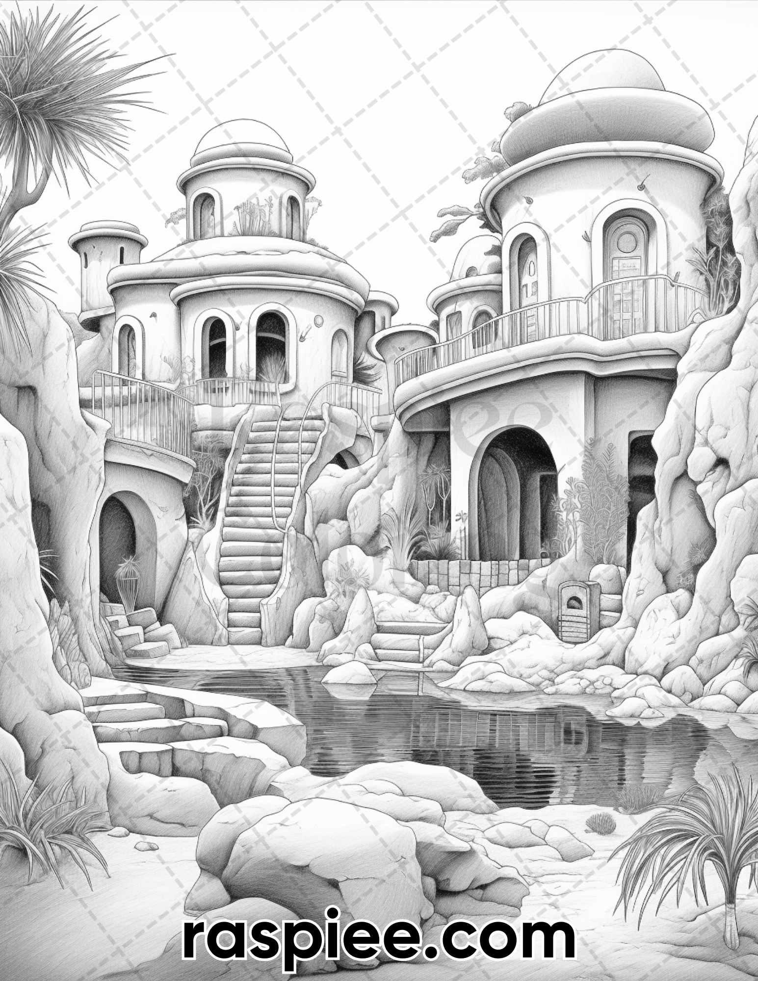 55 Desert Oasis Fairy Homes Grayscale Coloring Pages for Adults, Printable PDF Instant Download