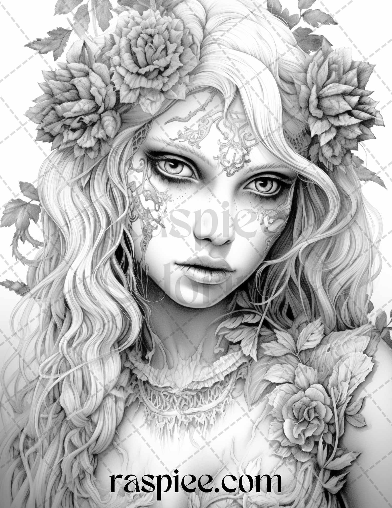 60 Halloween Zombie Fairy Grayscale Coloring Pages Printable for Adults, PDF File Instant Download
