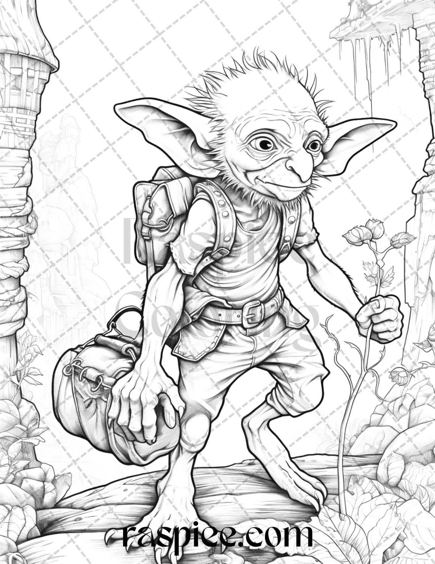 Fantasy Goblins Grayscale Coloring Pages Printable for Adults, PDF File Instant Download