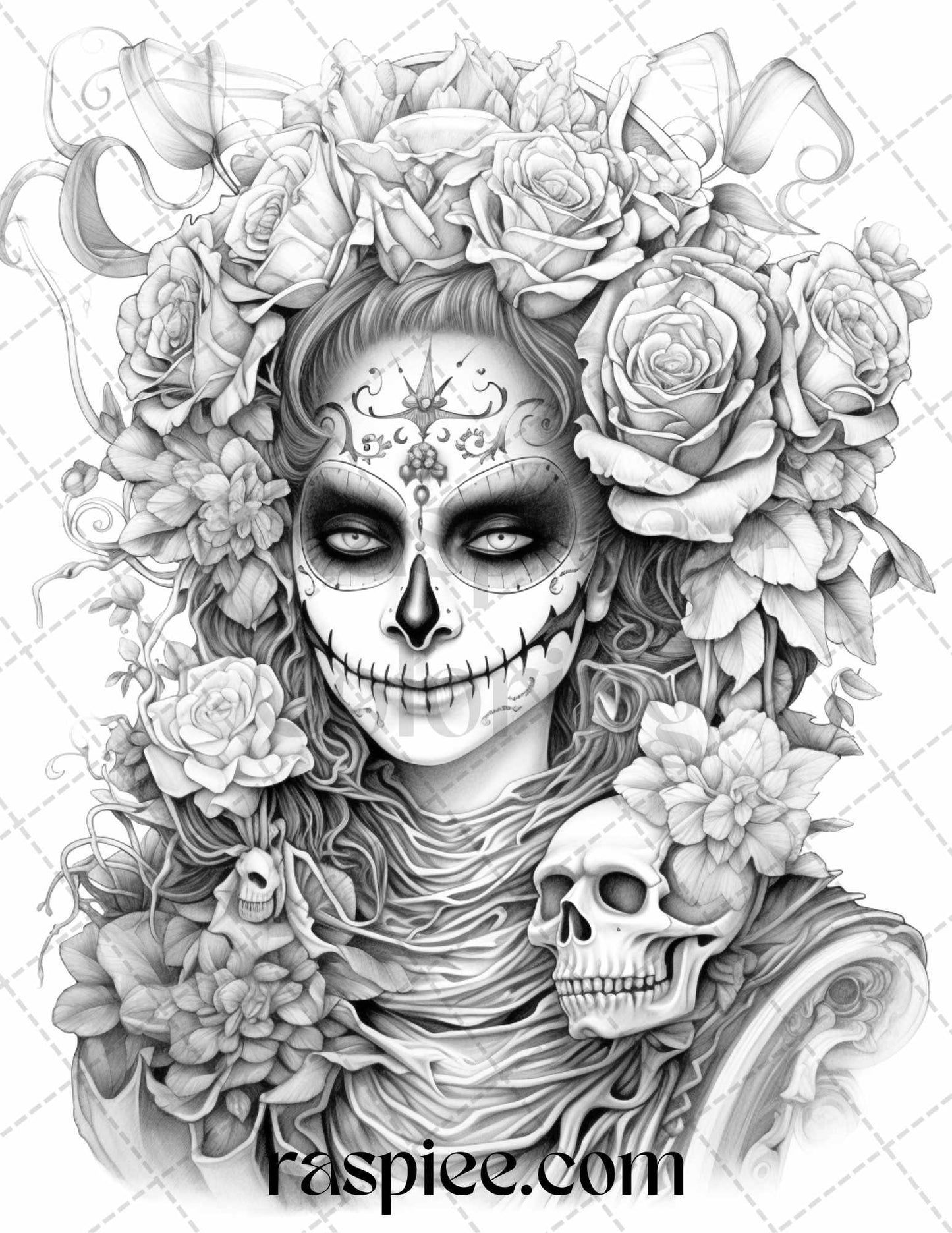 50 Day of the Dead Grayscale Coloring Pages Printable for Adults, PDF File Instant Download
