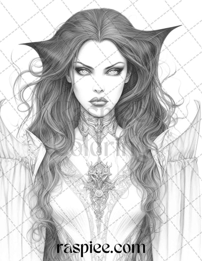 Bewitching Vampires Grayscale Coloring Pages Printable for Adults, PDF File Instant Download