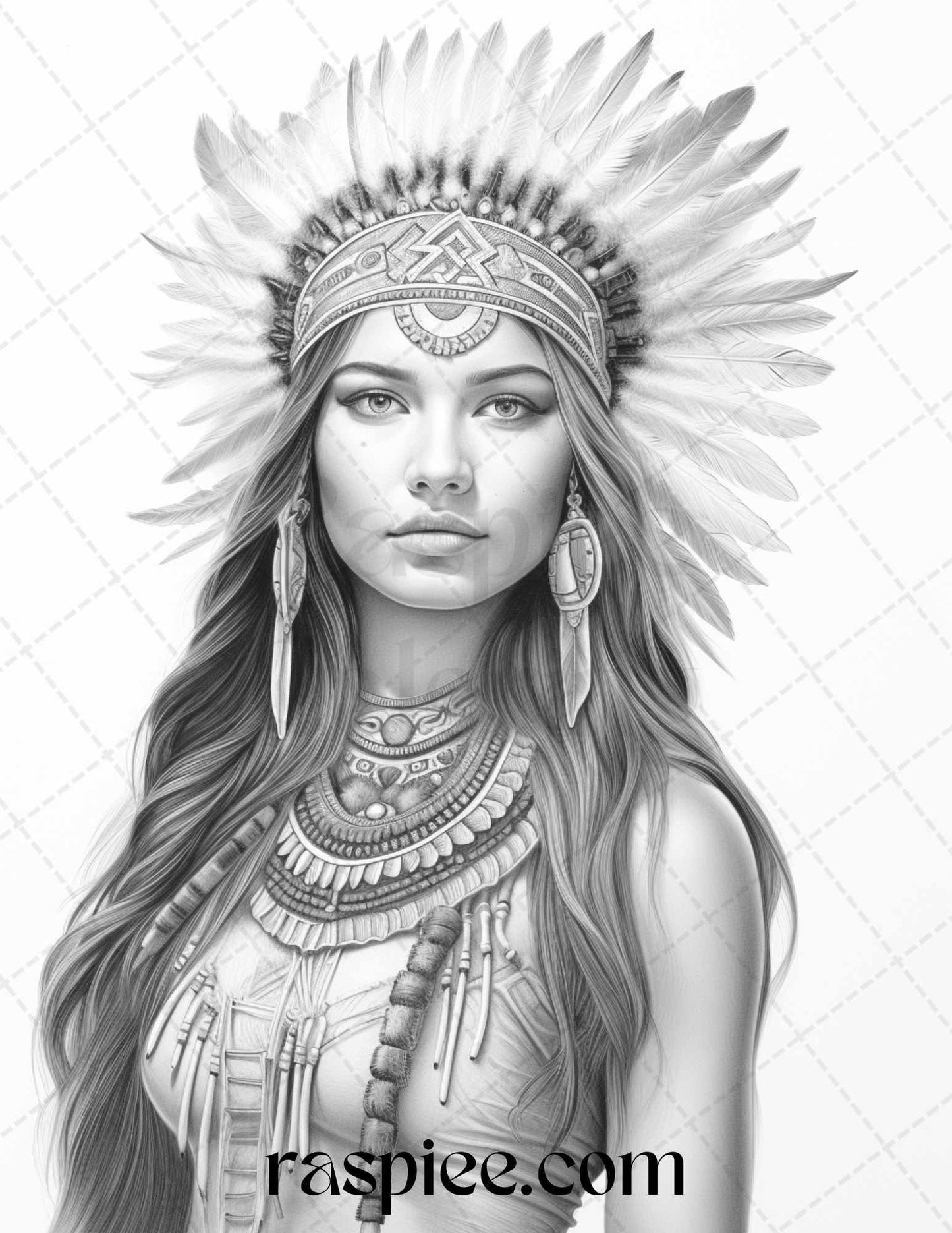 Native American Portrait Grayscale Coloring Pages Printable for Adults, PDF File Instant Download