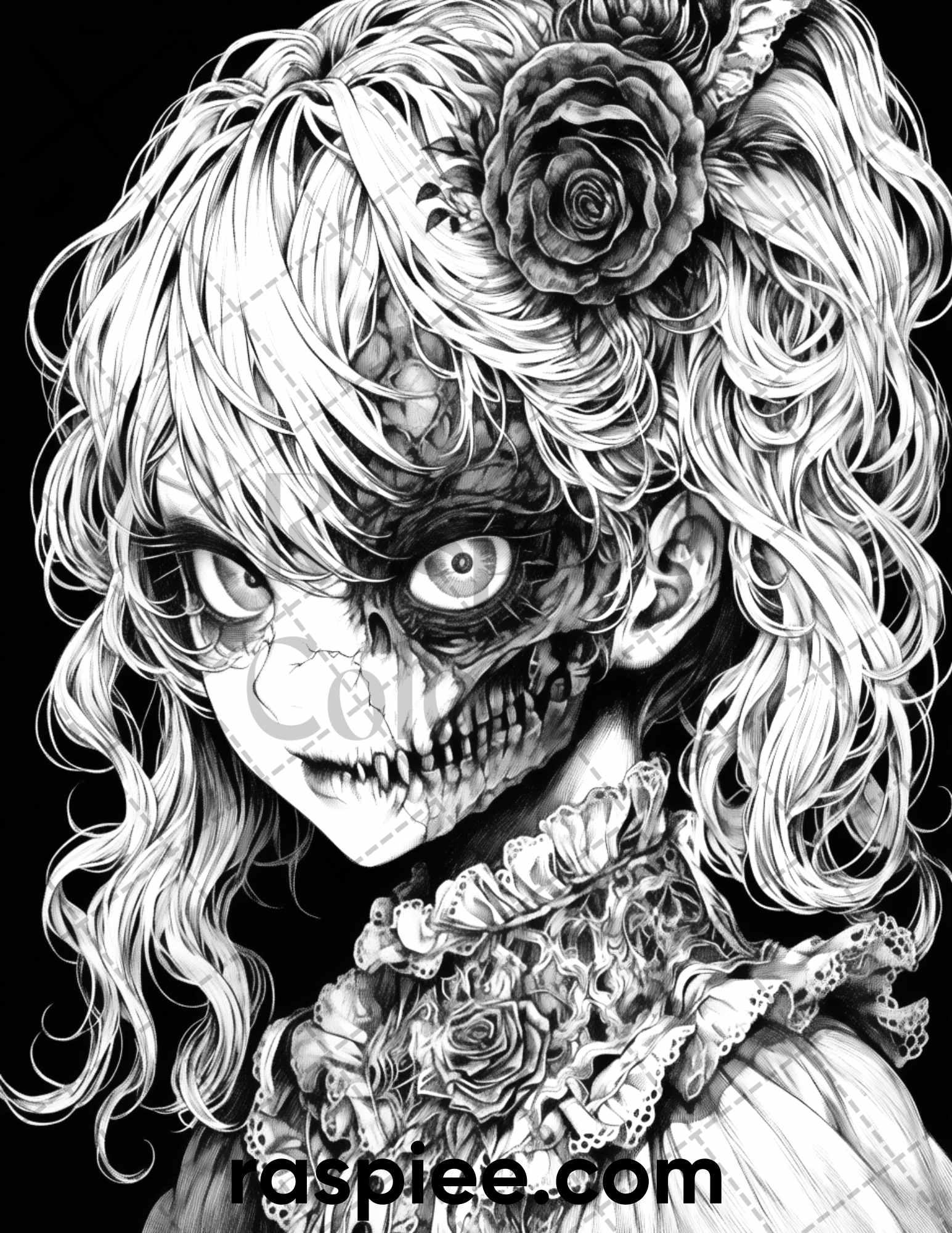 60 Horror Beauties Grayscale Coloring Pages Printable for Adults, PDF File Instant Download