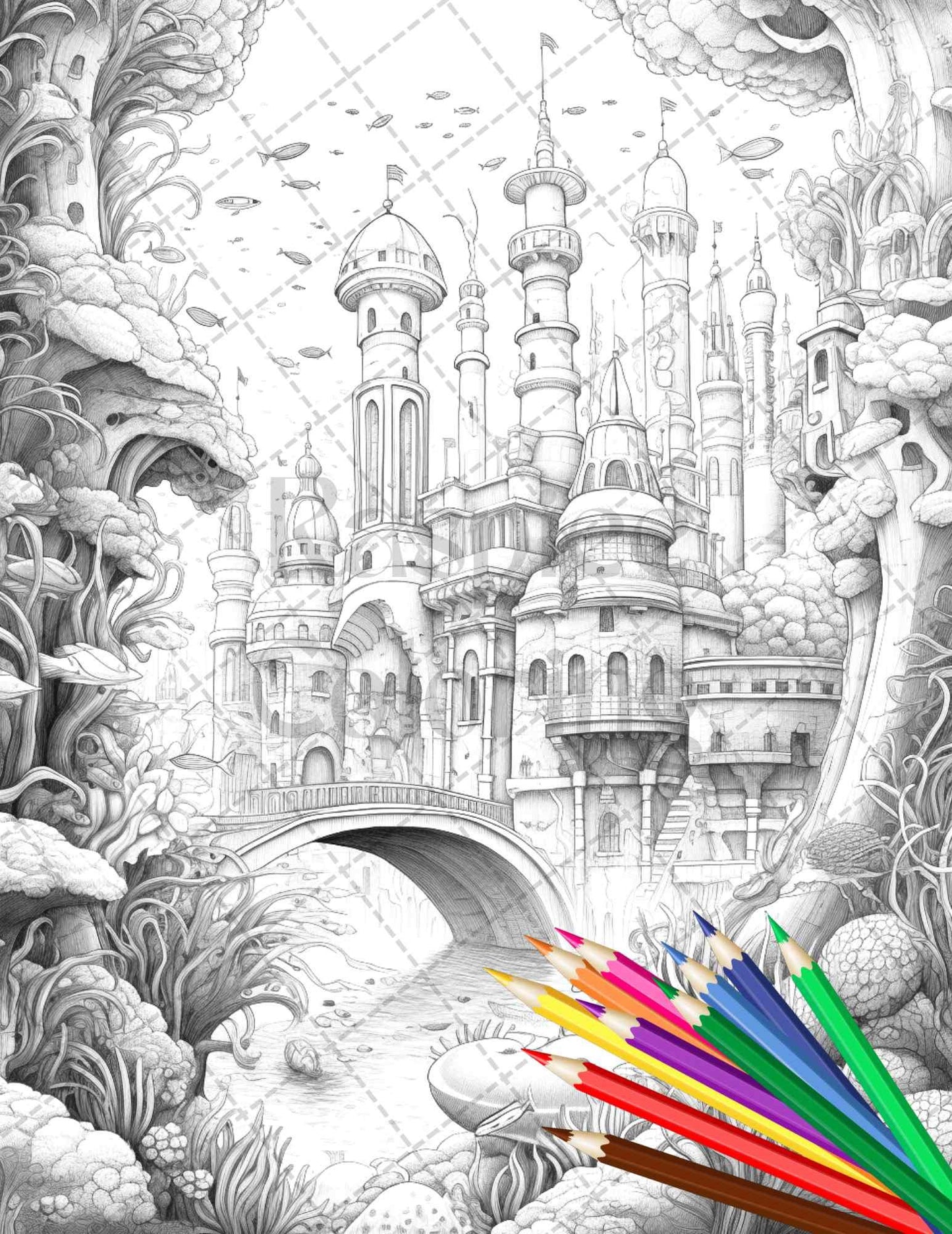 Enchanted Underwater City Grayscale Coloring Pages Printable for Adults, PDF File Instant Download