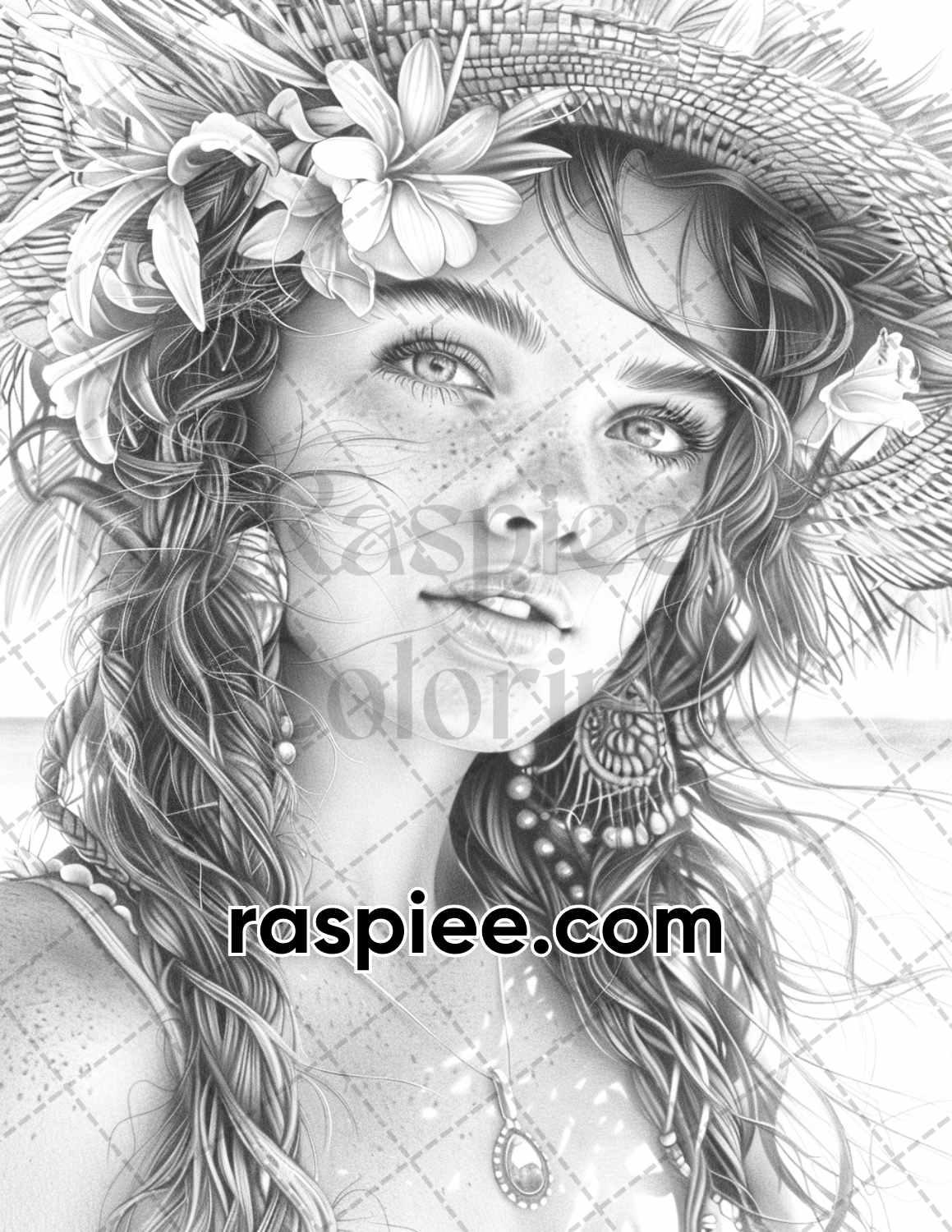 70 Beautiful Tropical Girls Grayscale Adult Coloring Pages Printable PDF Instant Download