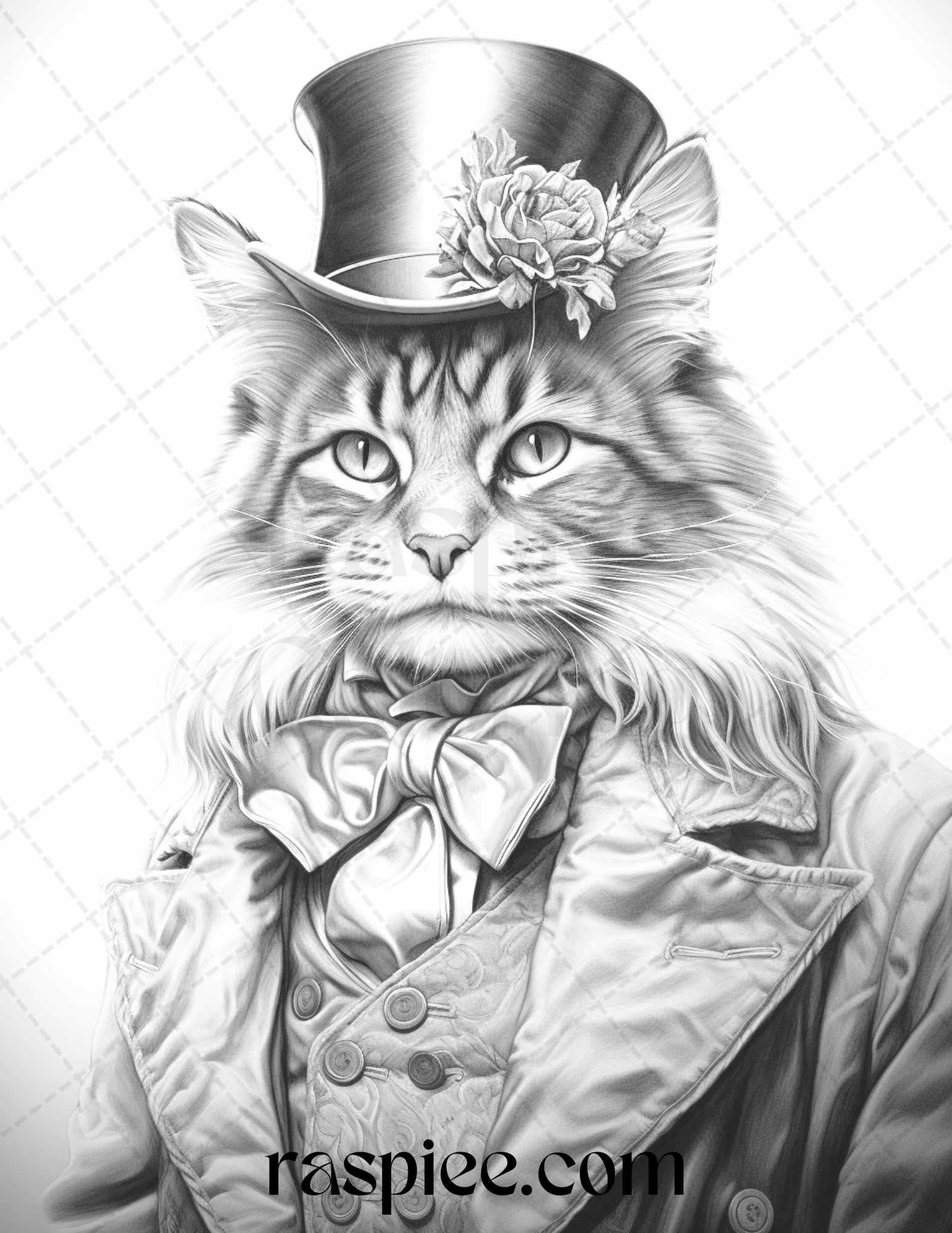 Gentleman Cat Grayscale Coloring Pages Printable for Adults Kids, PDF File Instant Download