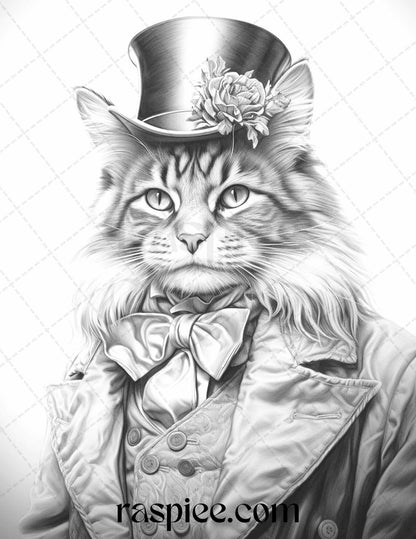 Gentleman Cat Grayscale Coloring Pages Printable for Adults Kids, PDF File Instant Download