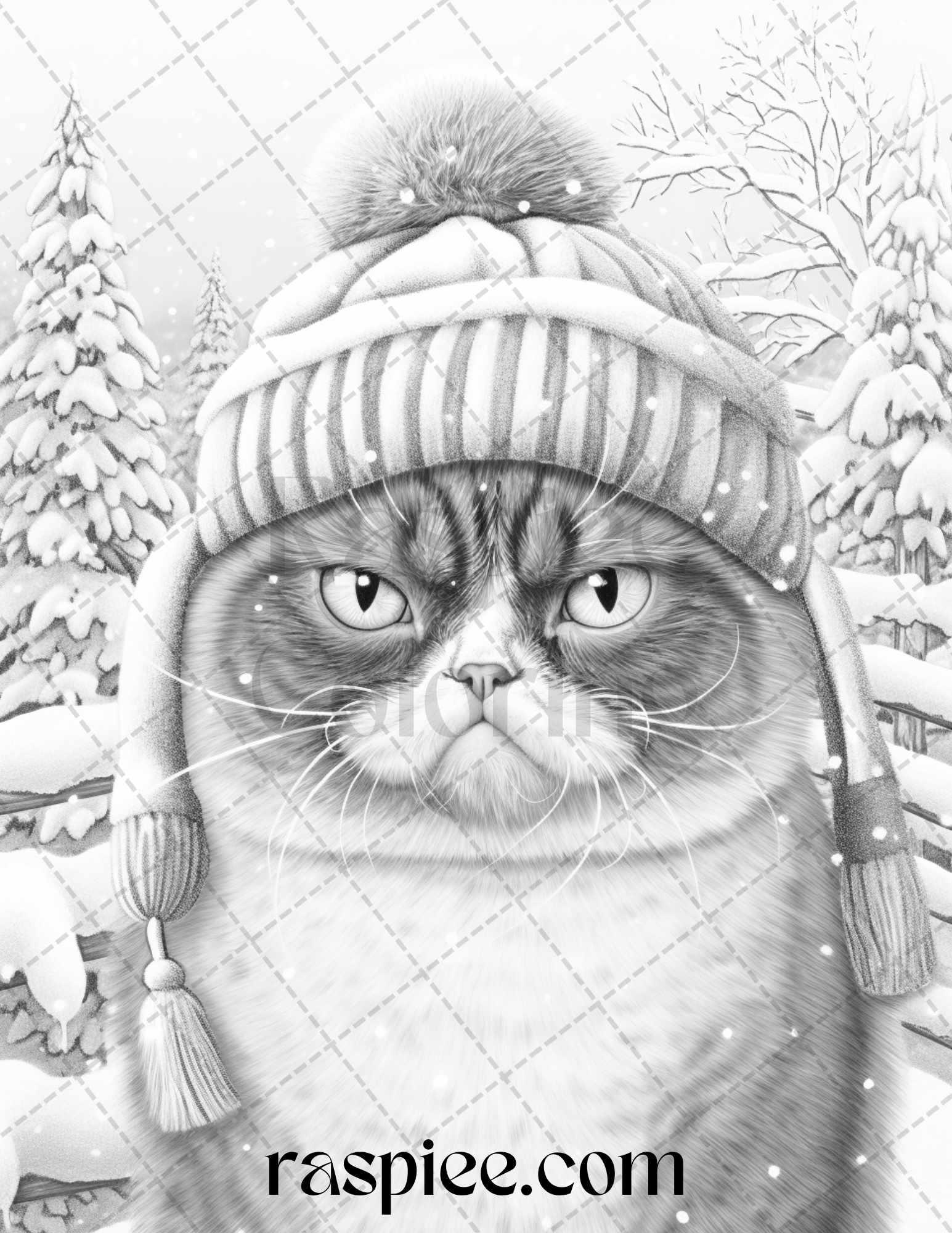 50 Grumpy Cat Grayscale Coloring Pages Printable for Adults, PDF File Instant Download
