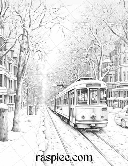 Winter Scenery Grayscale Coloring Pages Printable, Relaxing Snowy Landscapes, PDF File Instant Download