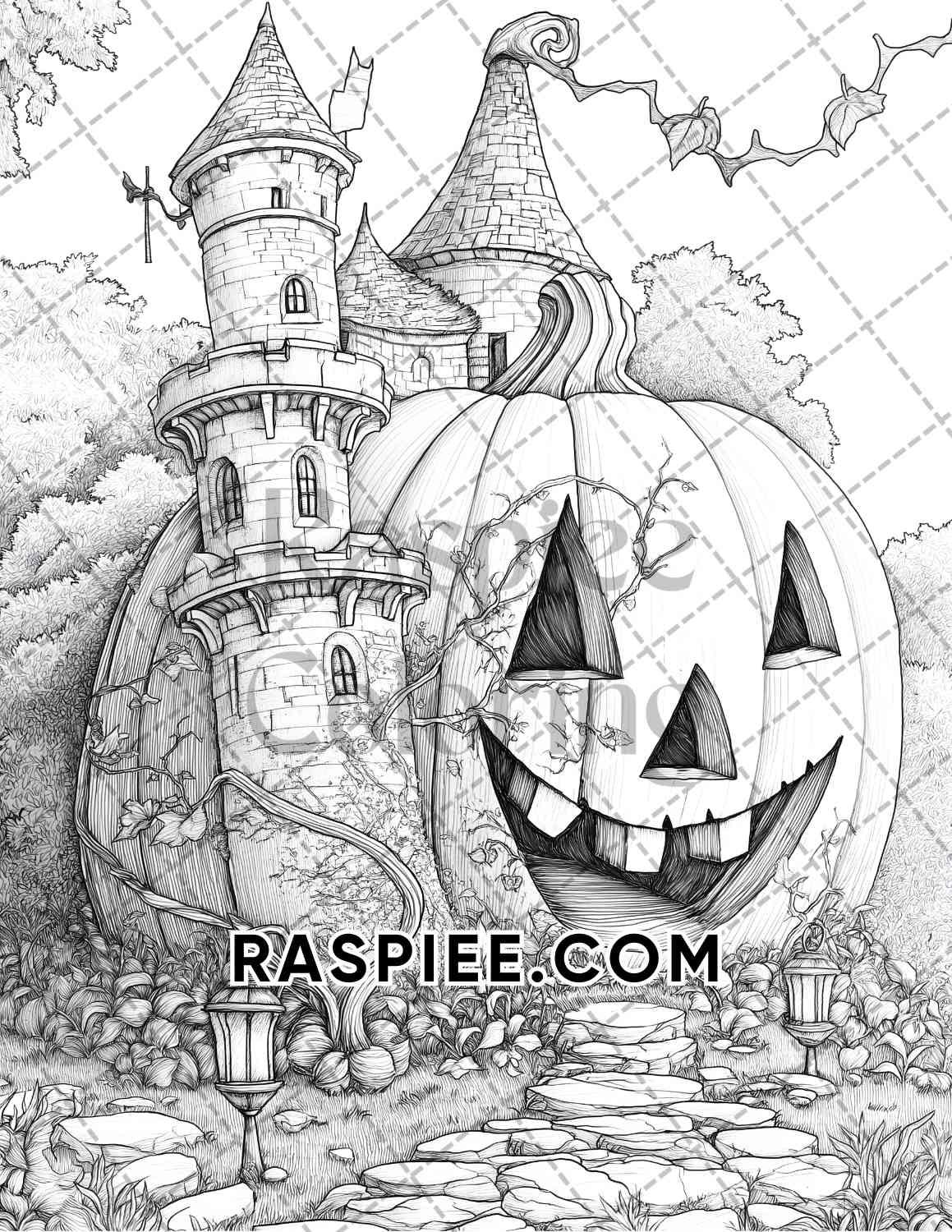 Fantasy Giant Pumpkin Castles Adult Coloring Pages Printable PDF Instant Download