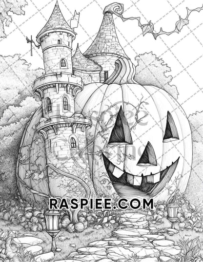 Fantasy Giant Pumpkin Castles Adult Coloring Pages Printable PDF Instant Download