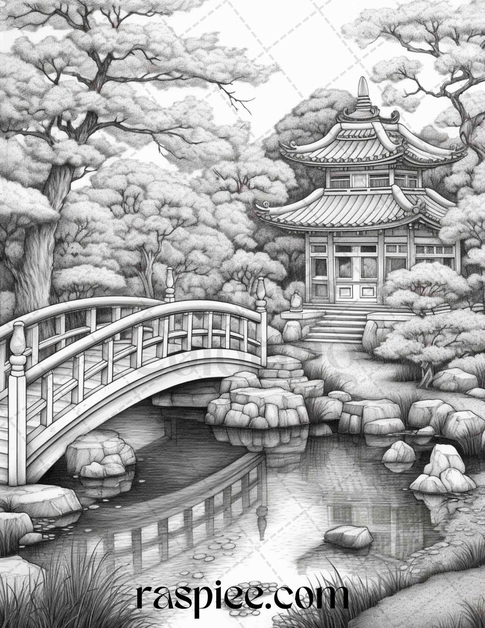 Japanese Garden Grayscale Coloring Pages Printable for Adults, PDF File Instant Download