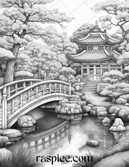 Japanese Garden Grayscale Coloring Pages Printable for Adults, PDF File Instant Download