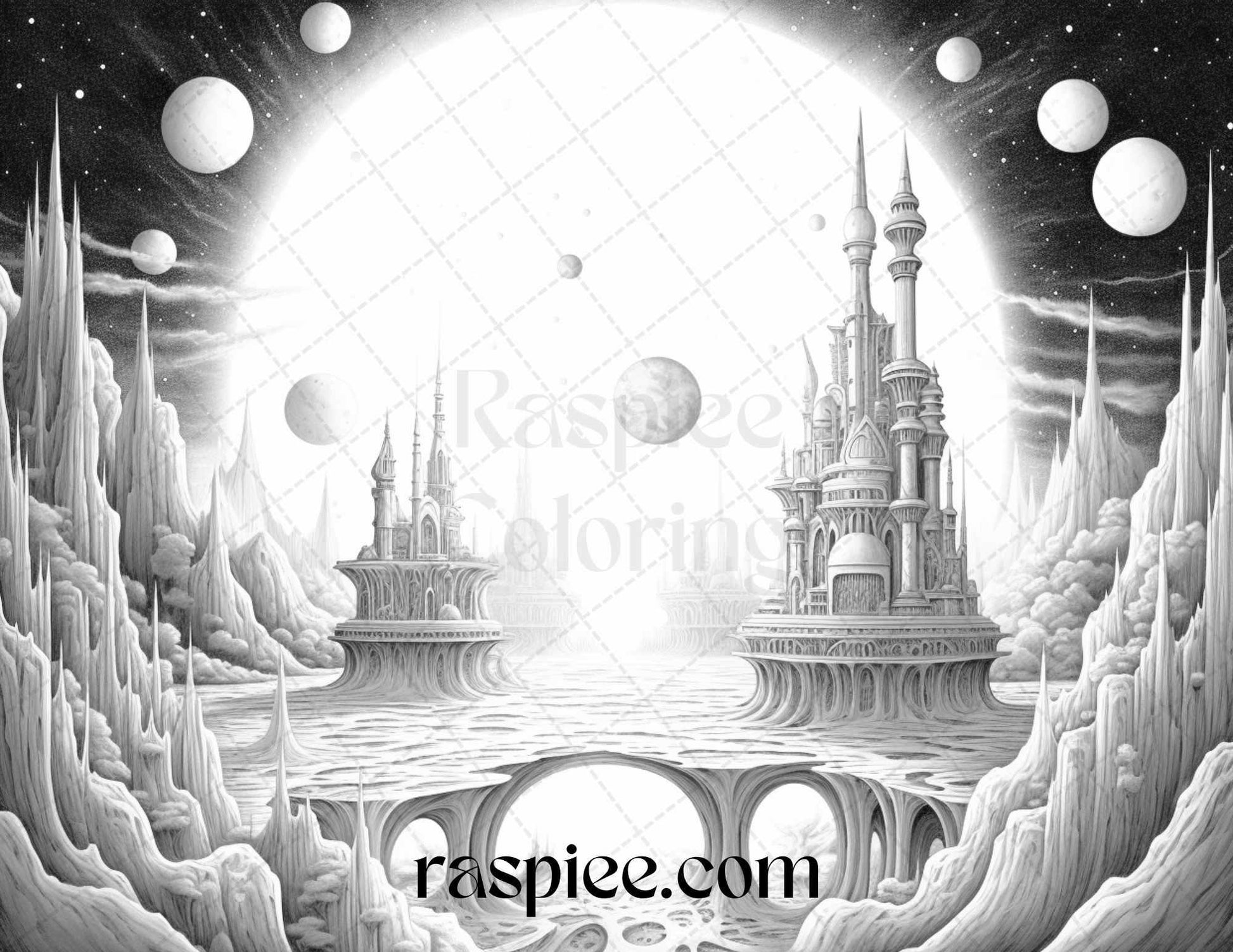 55 Celestial Landscapes Grayscale Coloring Pages Printable for Adults, PDF File Instant Download