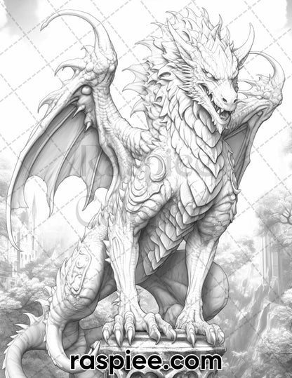 60 Mythical Creatures Grayscale Coloring Pages for Adults, Printable PDF Instant Download