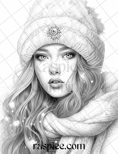 60 Beautiful Winter Girls Grayscale Coloring Pages Printable for Adults, PDF File Instant Download