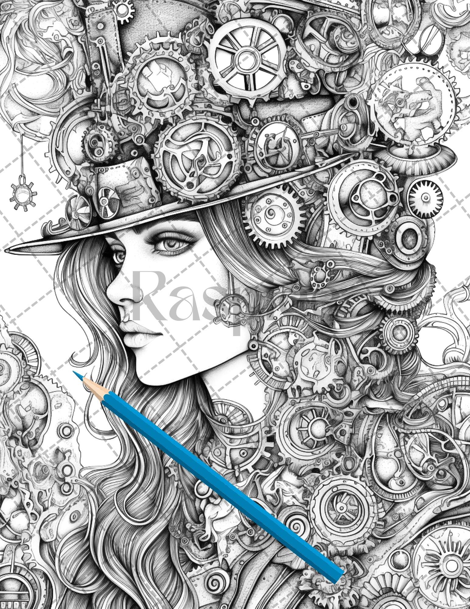 30 Steampunk Girls Coloring Pages Printable for Adults, Victorian Inspired Adult Grayscale Coloring Book, PDF File Download