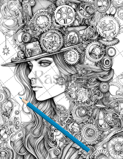 30 Steampunk Girls Coloring Pages Printable for Adults, Victorian Inspired Adult Grayscale Coloring Book, PDF File Download