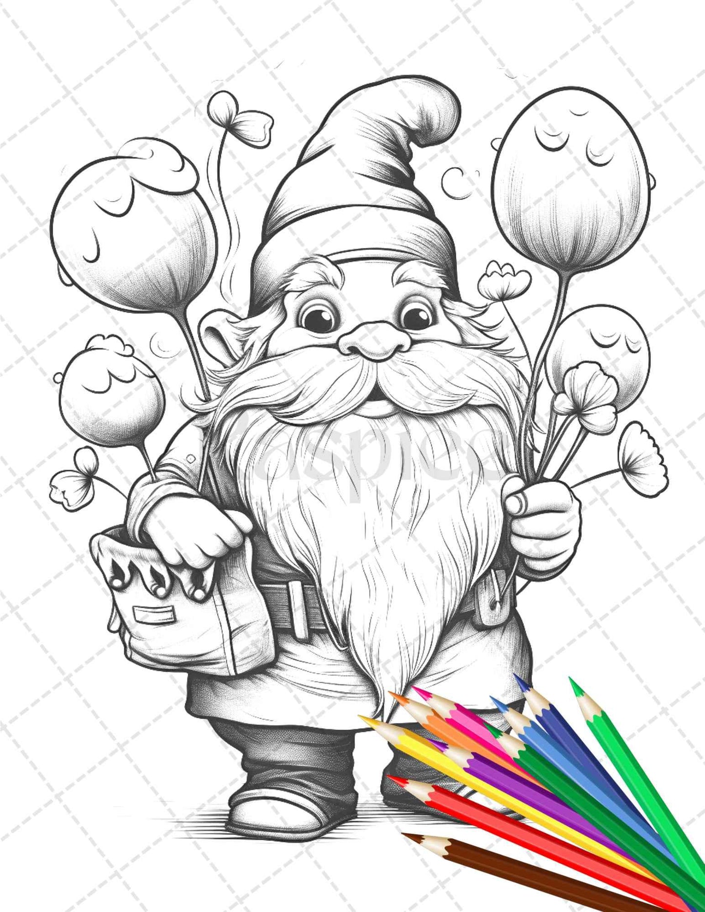 33 Gnome Love Coloring Pages Printable for Adults, Grayscale Coloring Page, PDF File Instant Download