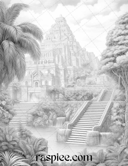 Hanging Gardens of Babylon Grayscale Coloring Pages Printable, PDF File Instant Download
